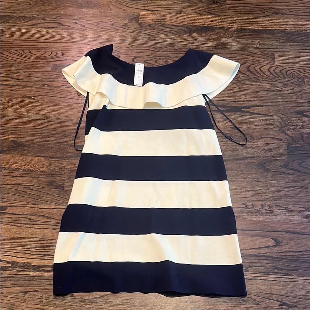 Ann Taylor Navy and White Striped Ruffle Neck Mini Dress
